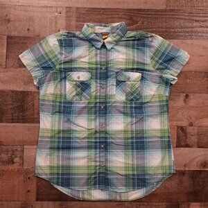 Eddie Bauer Adventure Nylon Plaid Shirt Women’s XL Blue Green Short Sleeve